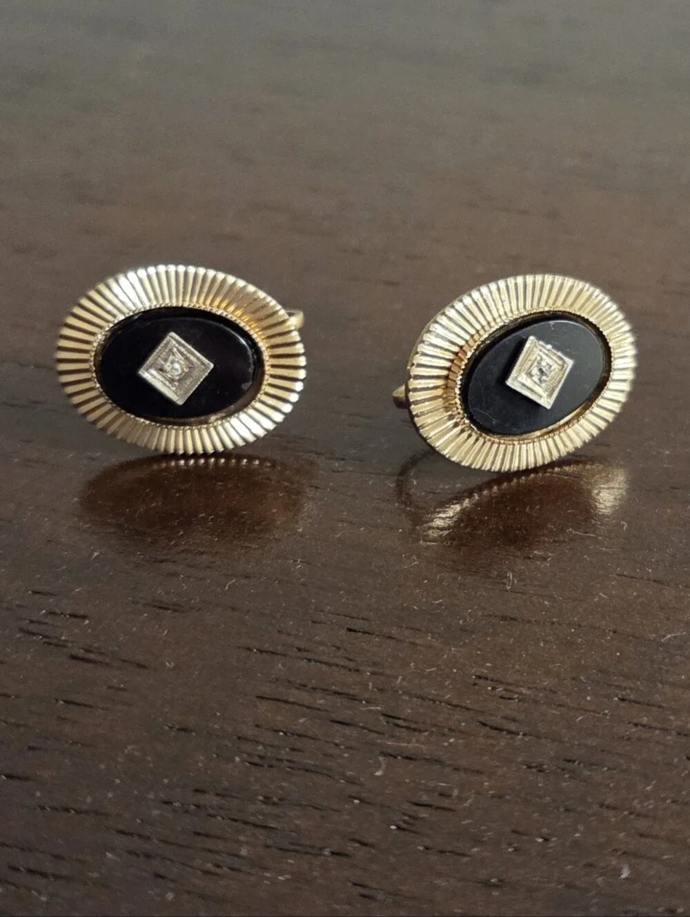 Vintage Coro Screwback Earrings Gold Tone Black Inlay Oval Mid Century